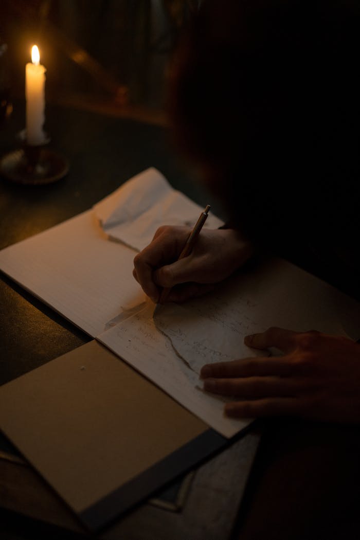 menu-06 A person writes in a notebook by candlelight creating a dark and focused atmosphere.